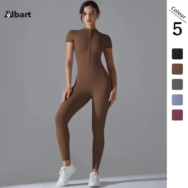 AIbart Zip-up Short Sleeve Tight Jumpsuit with Full-Length Pants, High-Stretch Short Sleeve Yoga & Fitness Bodysuit