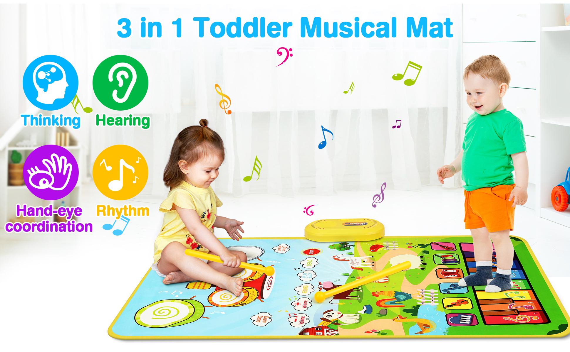 Vanmor Musical Mat for Toddlers, Musical Toys Child Floor Piano Keyboard and Drum Mat Carpet with 2 Sticks, Animal Blanket Touch Play Mat Pads, Birthday Gifts for Girls Boys