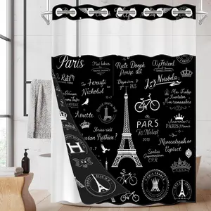 1pc hookless shower curtain, Bathroom Curtain, with buckle lining, black and white Paris Eiffel Tower design 2D flat print, fabric waterproof lining, see-through double-layer shower curtain, 71 x 74 inches, home curtain, Includes Liner