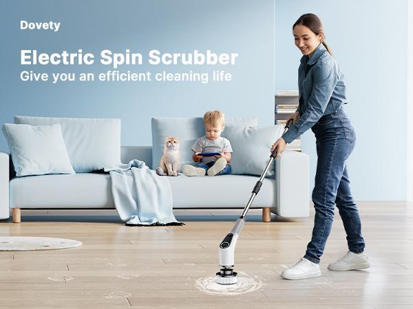 Dovety Electric Spin Scrubber with 8 Replaceable Brush Heads 2 Adjustable Speed Extension Handle Multiple for Bathroom, Kitchen, Tub, Tile, Floor, Toilet, Household Cleaning Supplies Kitchen Accessories