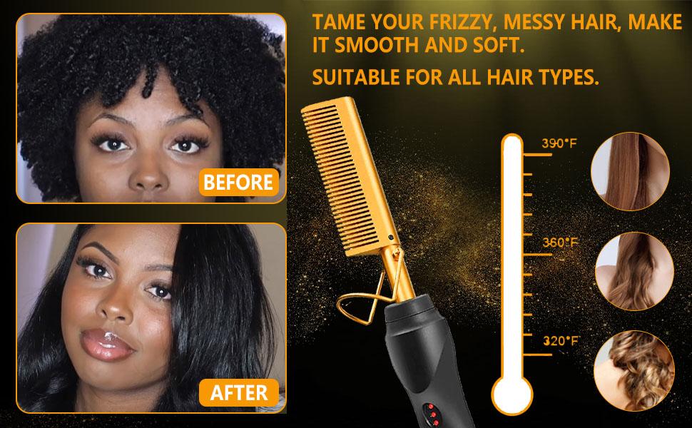 【Spring Glow-Up】Electric Hot Comb Hair Straightener for Natural Hair and Wigs - Curling Iron and Pressing Comb Set with Wax Stick Brush Salon Gift Straightening Cream