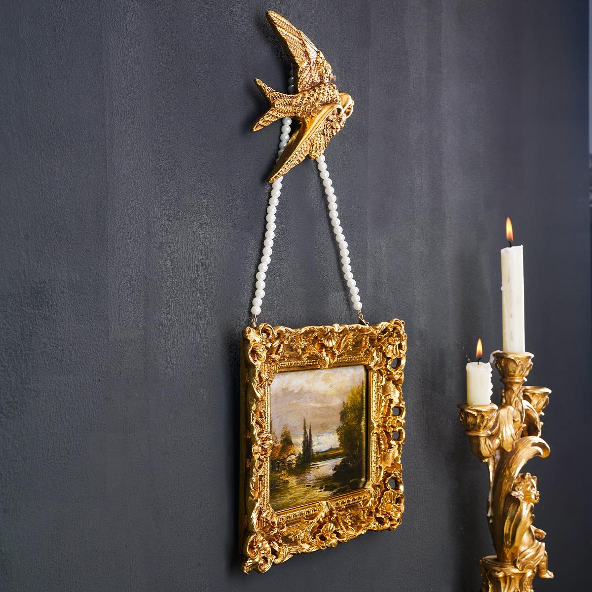 European Vintage Frame Set, Rectangular Decorative Photo Display, Pearl Chain & Swallow Design, Wall Hanging, Home Decoration, Picture Frame