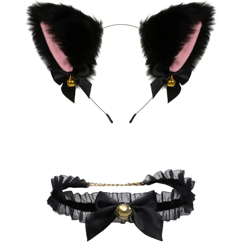 Faux Fur Animal Cat Dog Ears Headbands with Bells, Flexible Hair Accessory for Girls' Halloween Cosplay Costume Parties