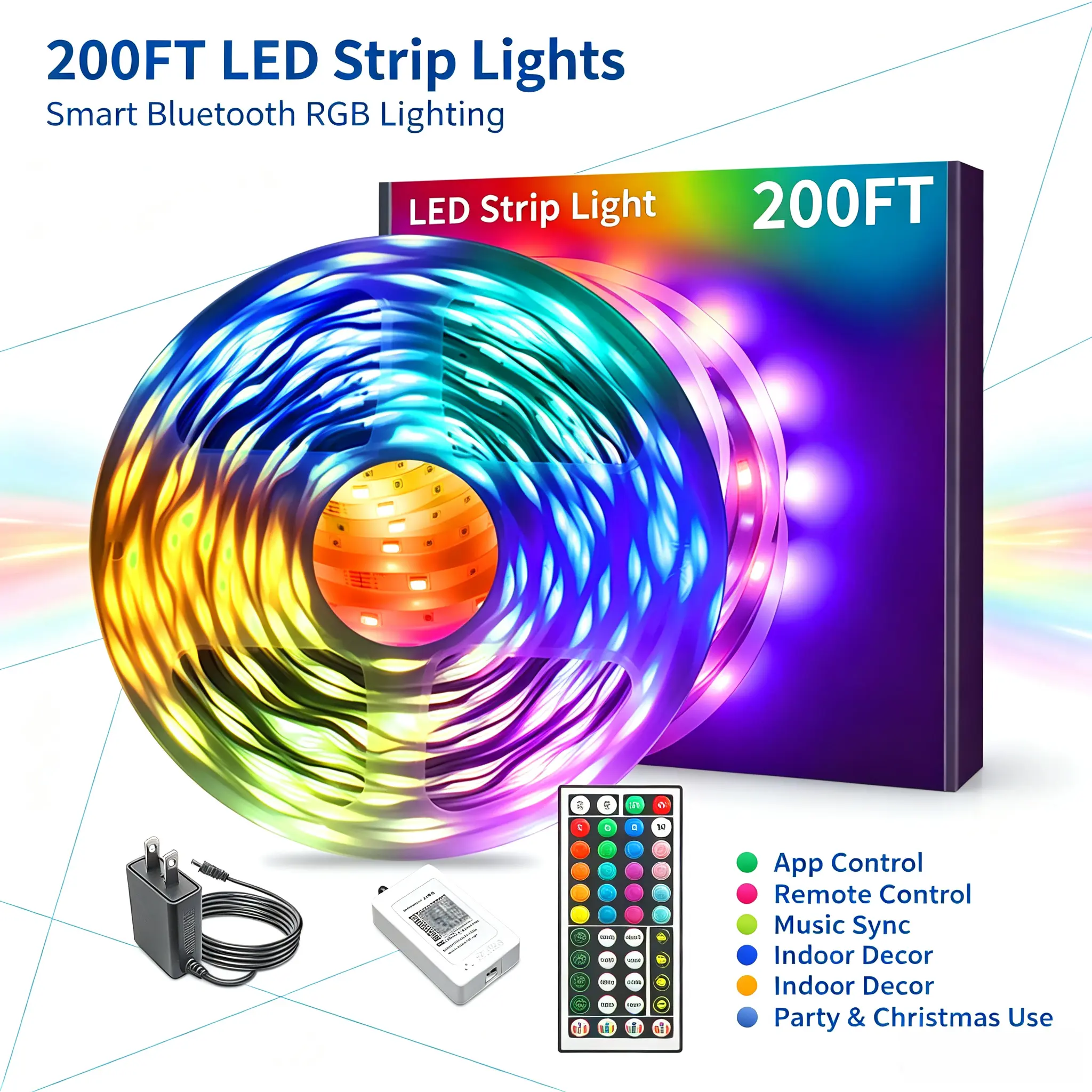 200FT Led Strip Lights RGB Music Sync for Bedroom ,more 100ft 50ft Bluetooth Christmas Lights with Smart App and  Remote Control Indoor Lighting, for room decorating party decor