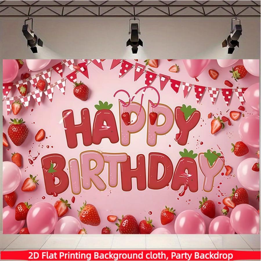 Pink strawberry themed birthday party background cloth,polyester birthday party banner,vibrant pink background,suitable for photo booths, parties, birthdays, celebrations, indoor and outdoor home birthday party decoration, home decoration, room decoration