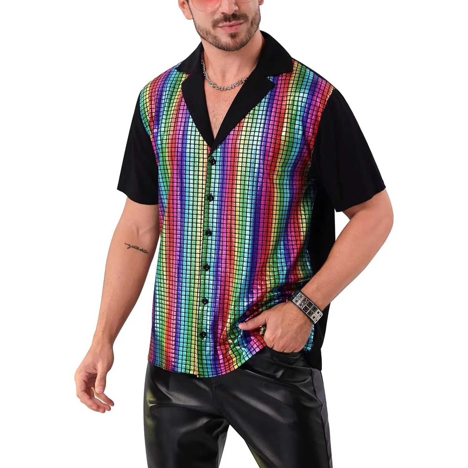 Metallic Top Mens Sequin Shirt Holographic 70's Disco 70s Mardi Gras Outfit Metallic Short Sleeve Party Shirt for Men, Dance Club Rave Festival Nightclub Concert Holiday Outfit