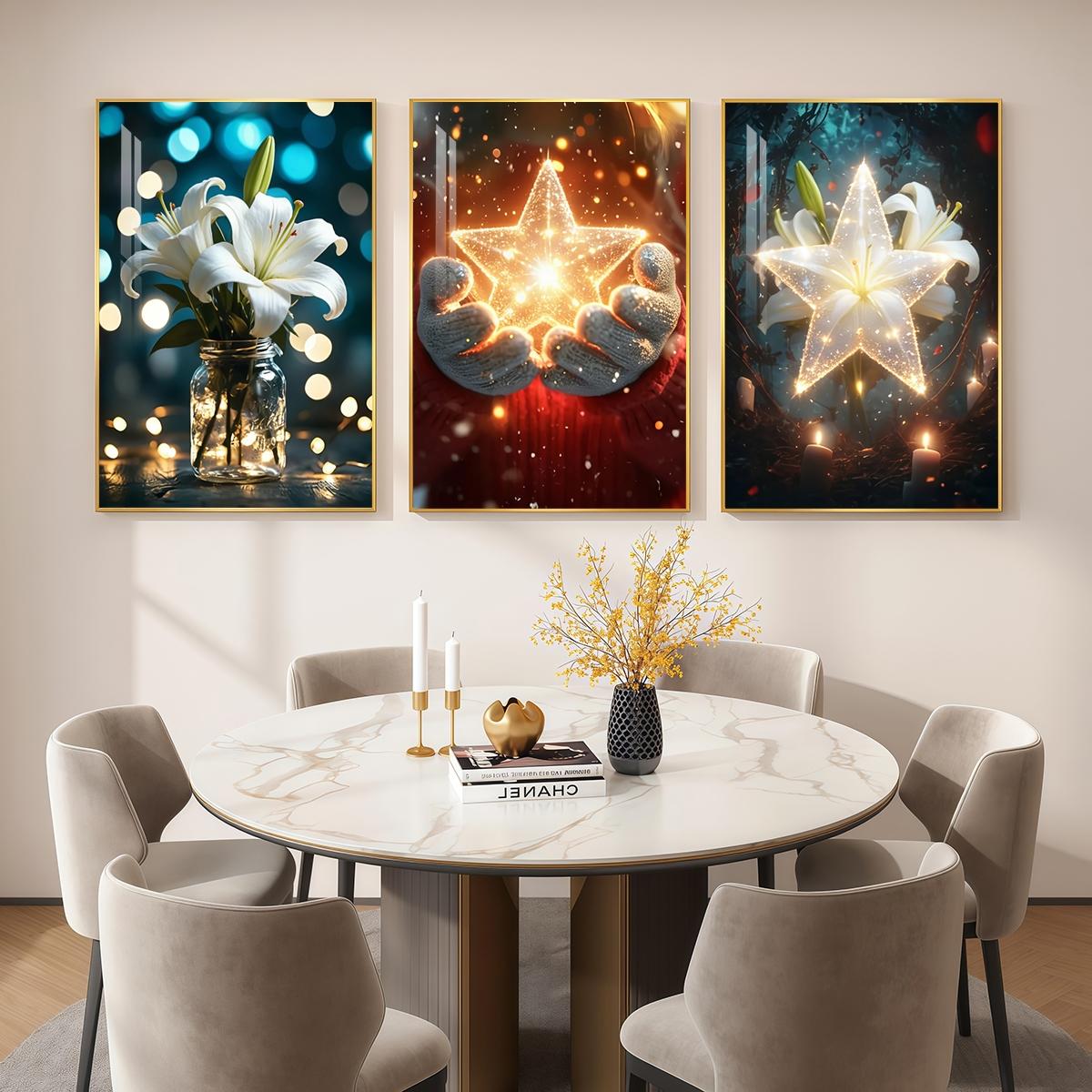 3 Counts Aluminum Alloy Framed Painting, White Lily And Glowing Star Art Pictures, Home Decoration For Living Room, Bedroom, Office, Restaurant, Hallway Wall Decor, Odorless Print Artwork, Luxury Perfect Gift For Friends And Family