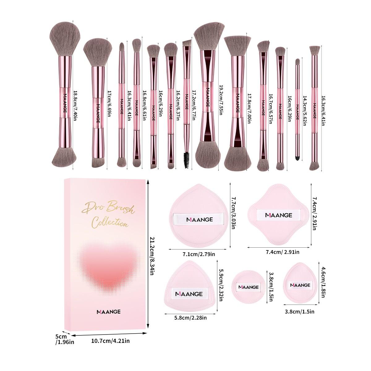 Maange 13-Piece Dual-Ended Makeup Brush Set + 5 Powder Puff Accessories Gift Box, Brush Makeup Kit, Soft Cosmetic Brushes, Essential Beauty Tools, Perfect Valentine's Day Present