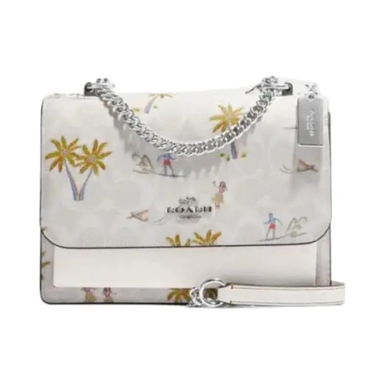 COACH Klare 22 Envelope Crossbody Bag for Women – Silver Logo with Botanical Embroidery, Chalk and Glacier White Leather