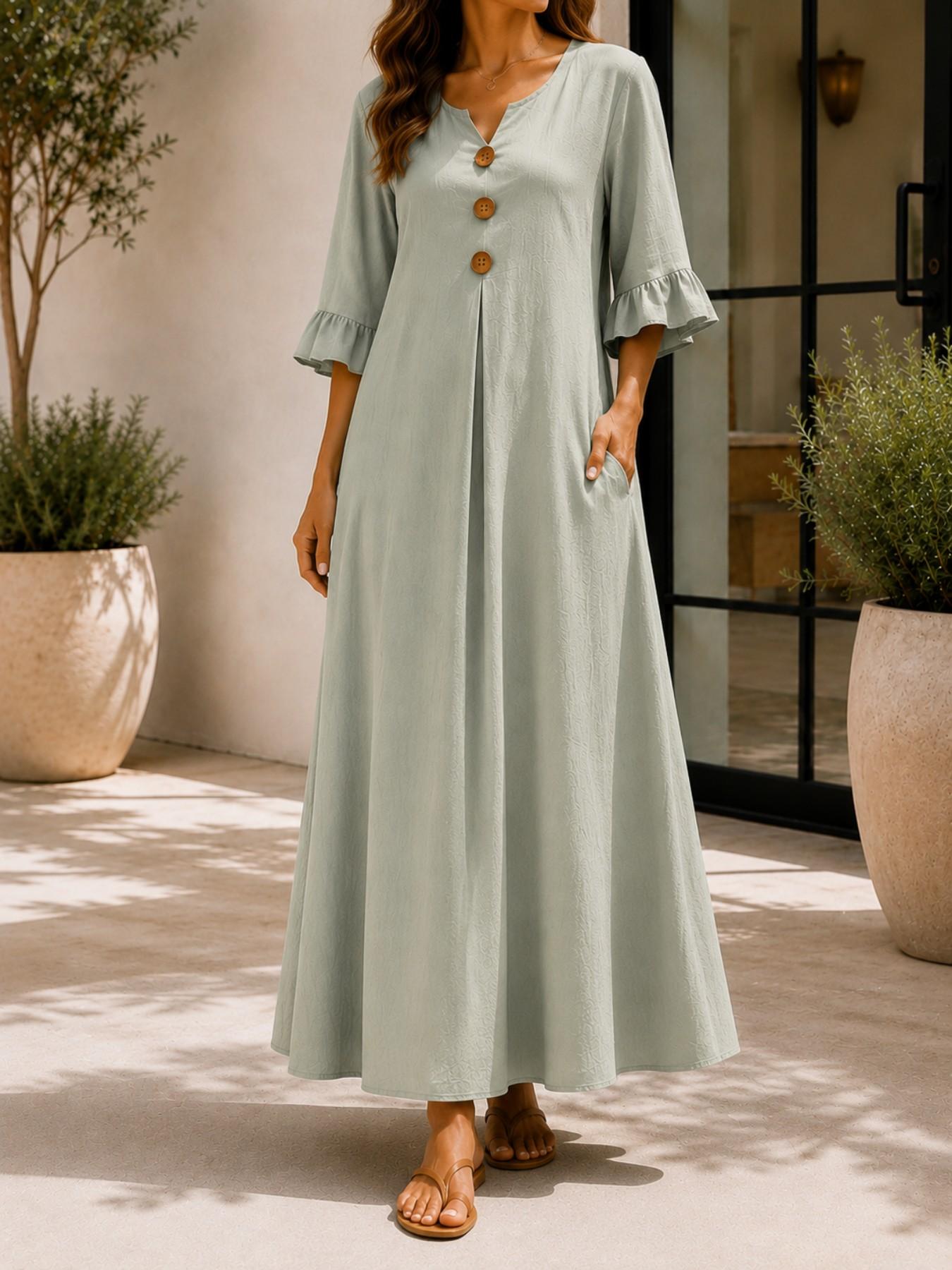 Plus Size Women's Solid Color Feminine Notched-Neck Wooden Button Dress, Loose-Fit Ruffle Sleeve Long Dress, Casual Style A-Line Dress for Office & Vacation