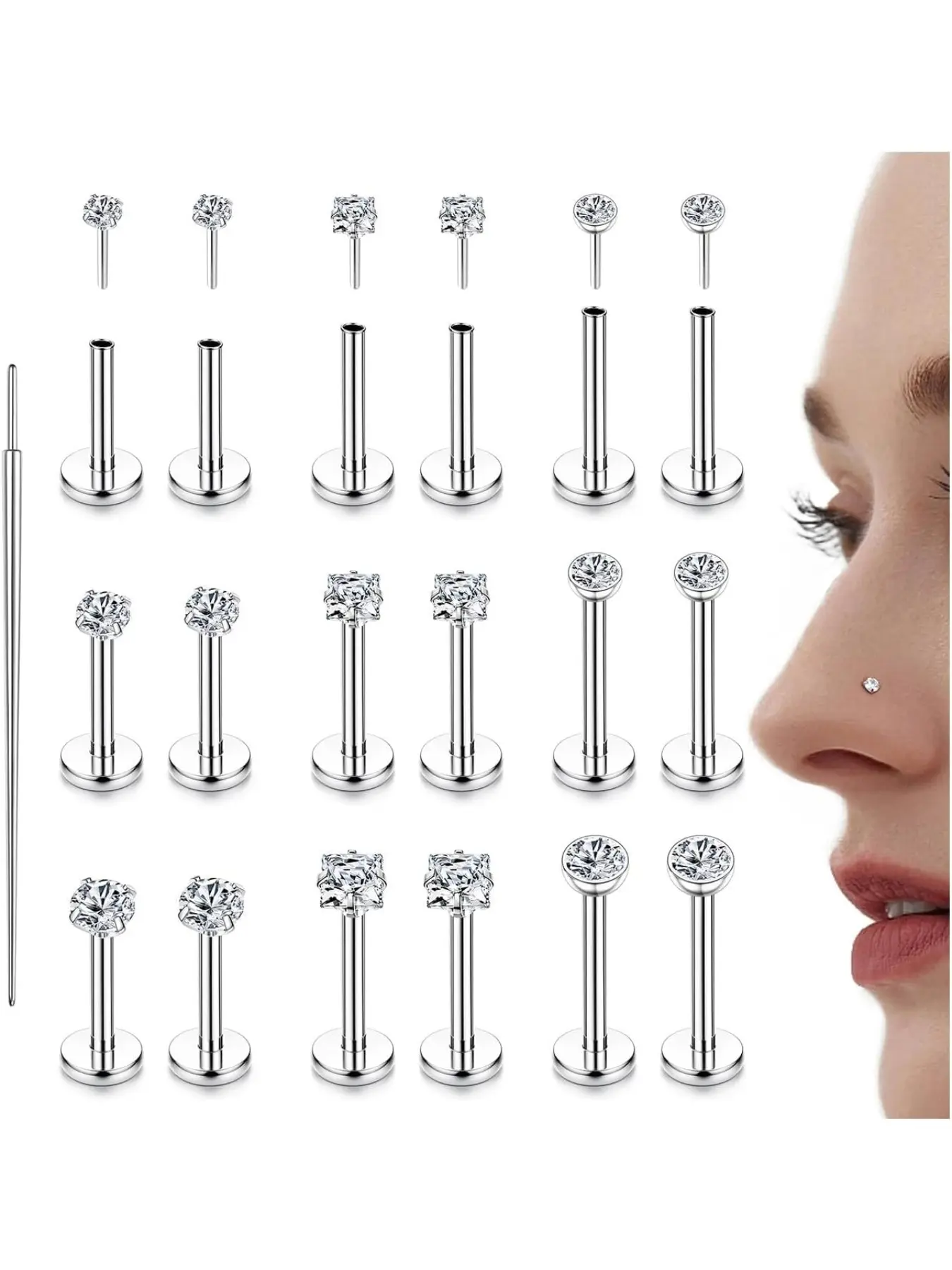 18pcs Stainless Steel Tragus Piercing Jewellery, Threadless Push in Nose Studs, Labret Stud, Lip Bar, Tragus Earrings, Medusa Piercing, Piercing Jewelry