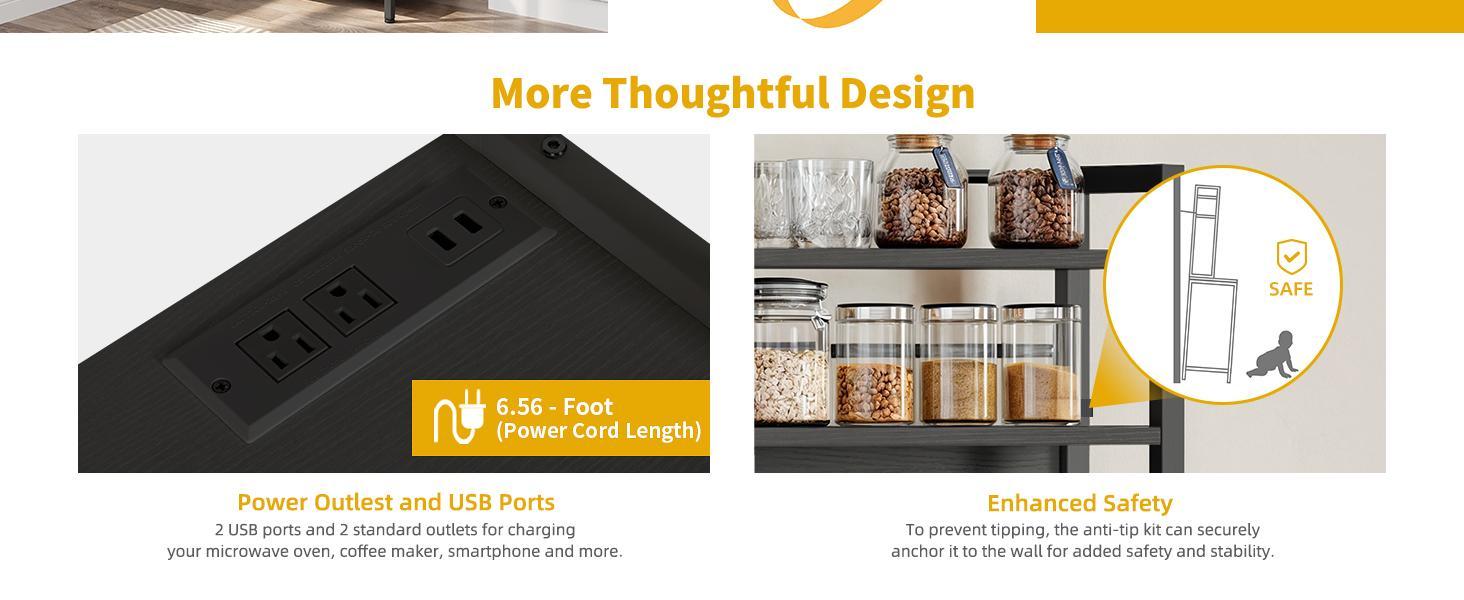 DWVO Bakers Rack with Trash Can Bin Cabinet and Power Outlet, Microwave Stand Cabinet with 6 Hooks, 6-Tiers Farmhouse Kitchen Tall Thickened Coffee Bar Table,Black/White