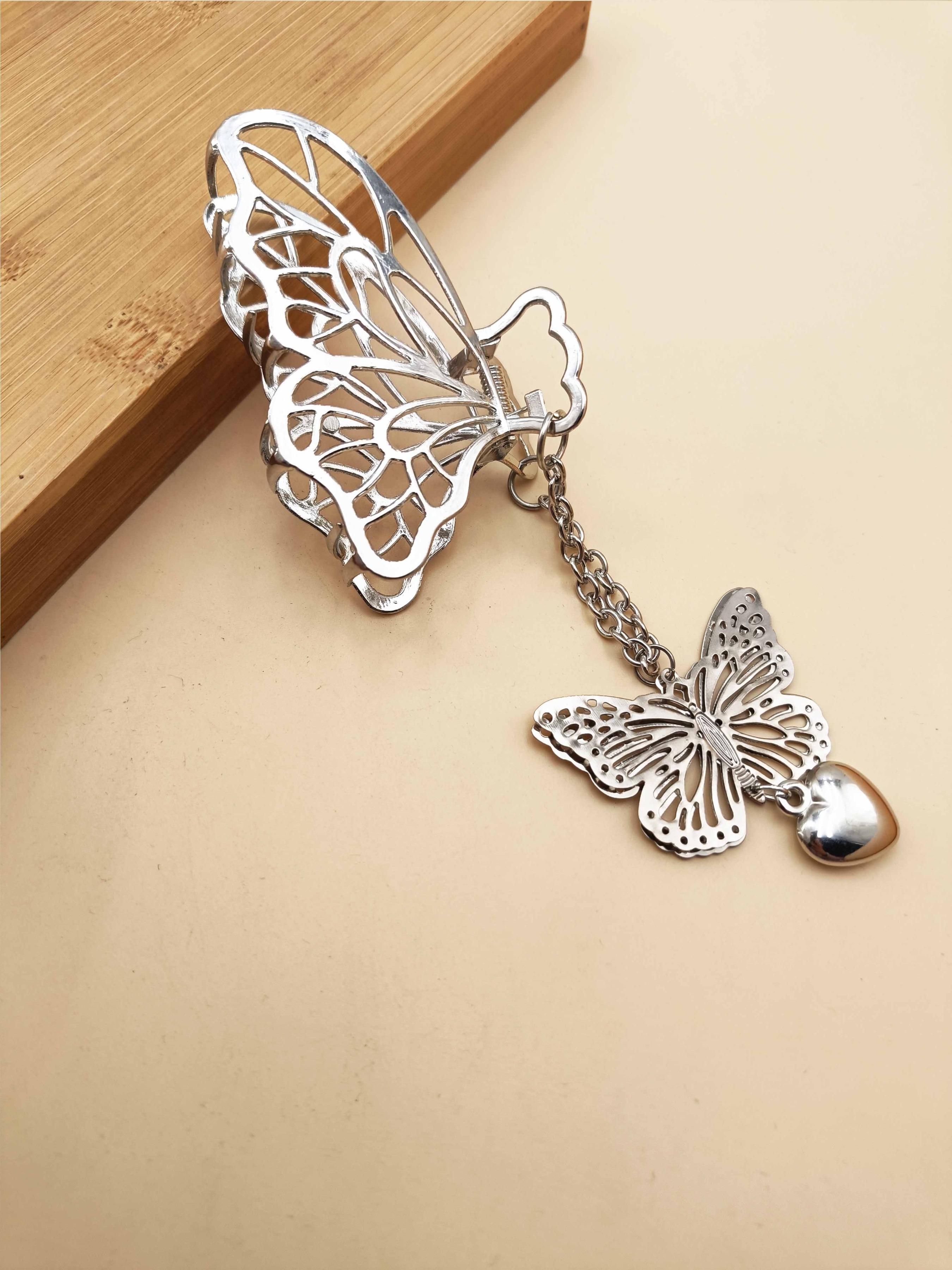 1PC Butterfly Heart Pendant Chain Metal Hair Clip, Elegant Hollow Design, Versatile Accessory for Travel and Beachwear, All Seasons