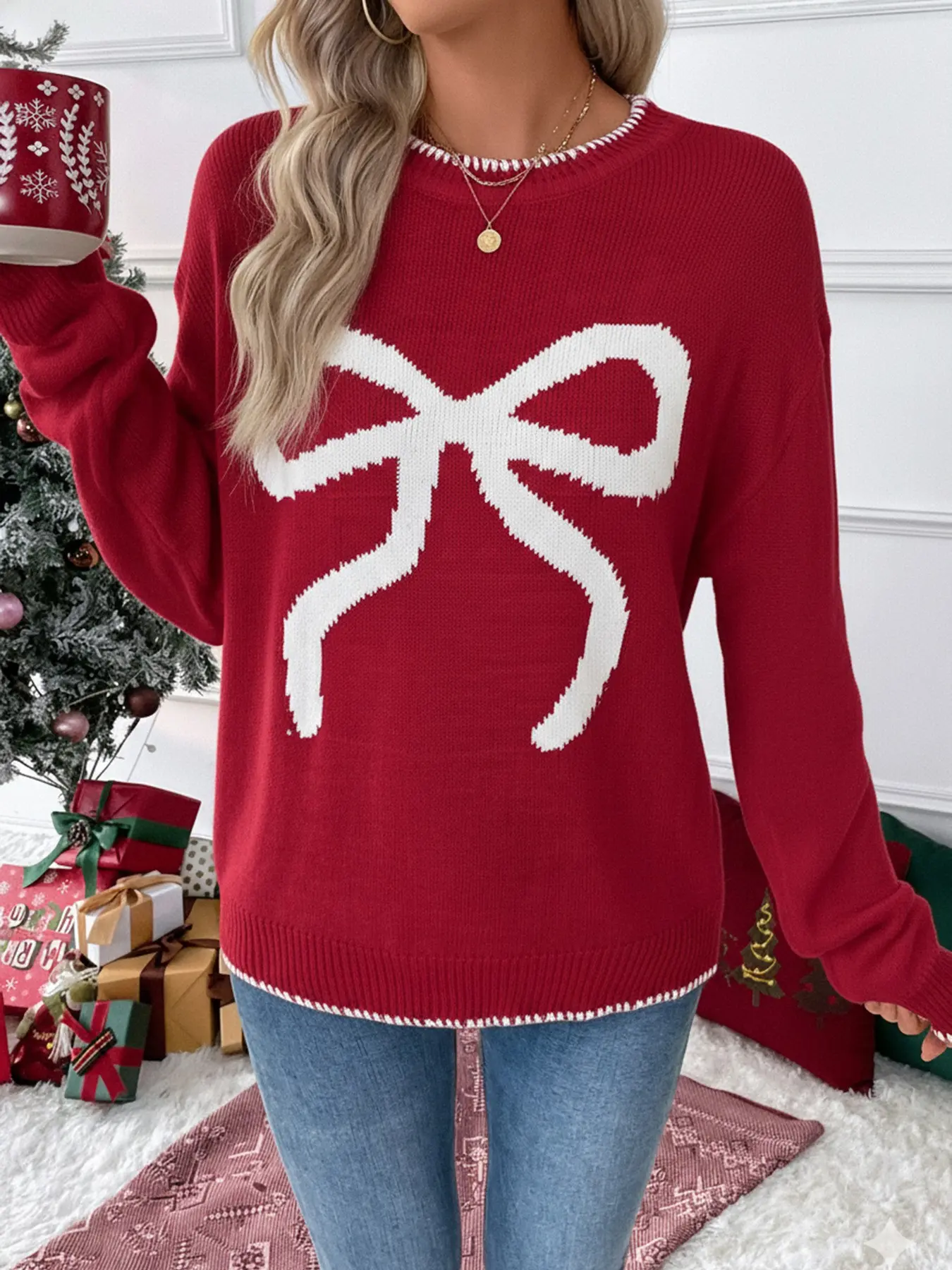 Christmas Wine Round Neck Knit Sweater Women, Large Bow Embroidery, Loose Fit, Long Sleeve, Fall Winter Festival Style