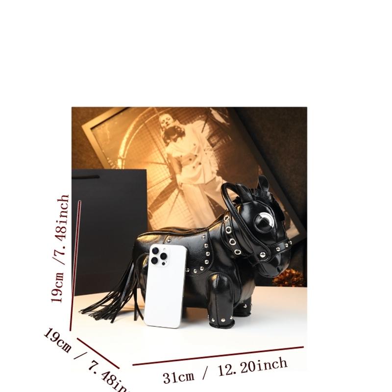 Unique Design Small Horse Bag for Women, Personalized Studs Fringe Animal Purse, Vintage Punk Style Handbag Shoulder Bag