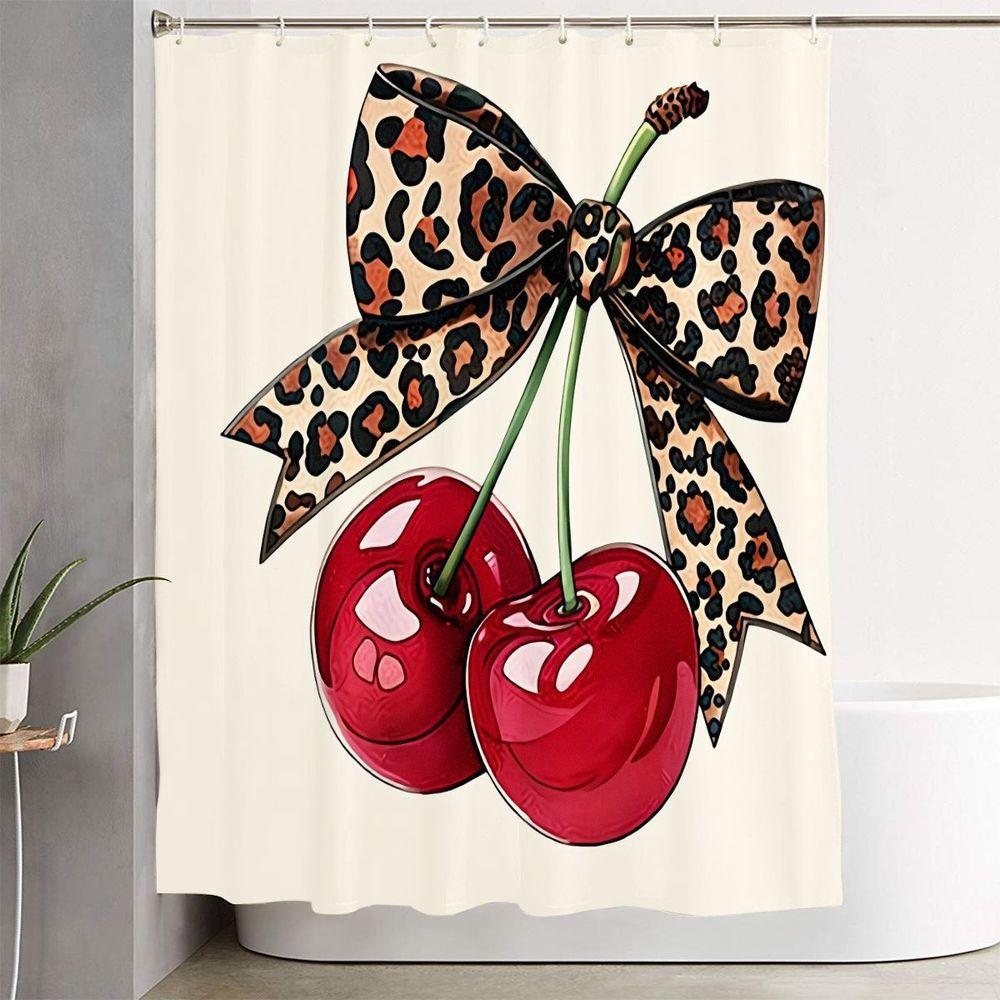 1/4pcs Leopard Print Cherry Bathroom Set with hooks, Beige Shower Curtain Sets with Glossy Red Cherries, Matching Bath Mats & Toilet Cover - Playful Bold Design for Spring Decor, Modern Bathroom Upgrade, Bathroom Supplies