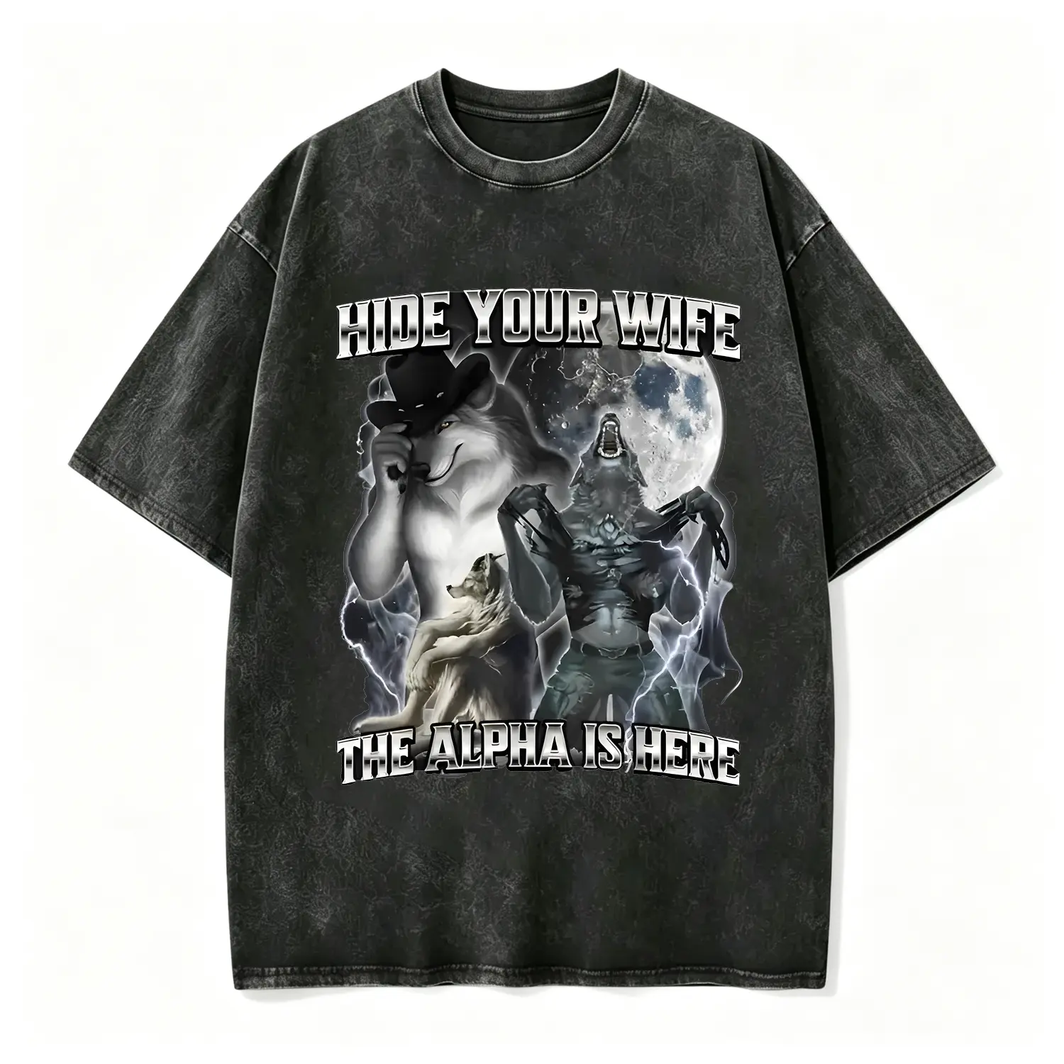Hide Your Wife, The Alpha is Here Wolf Graphic T-Shirt, Bold Wolf Pack Design, Unisex Tee for Menswear and Womenswear, Perfect Gift for Alpha Enthusiasts and Wolf Lovers, Casual Streetwear Fashion