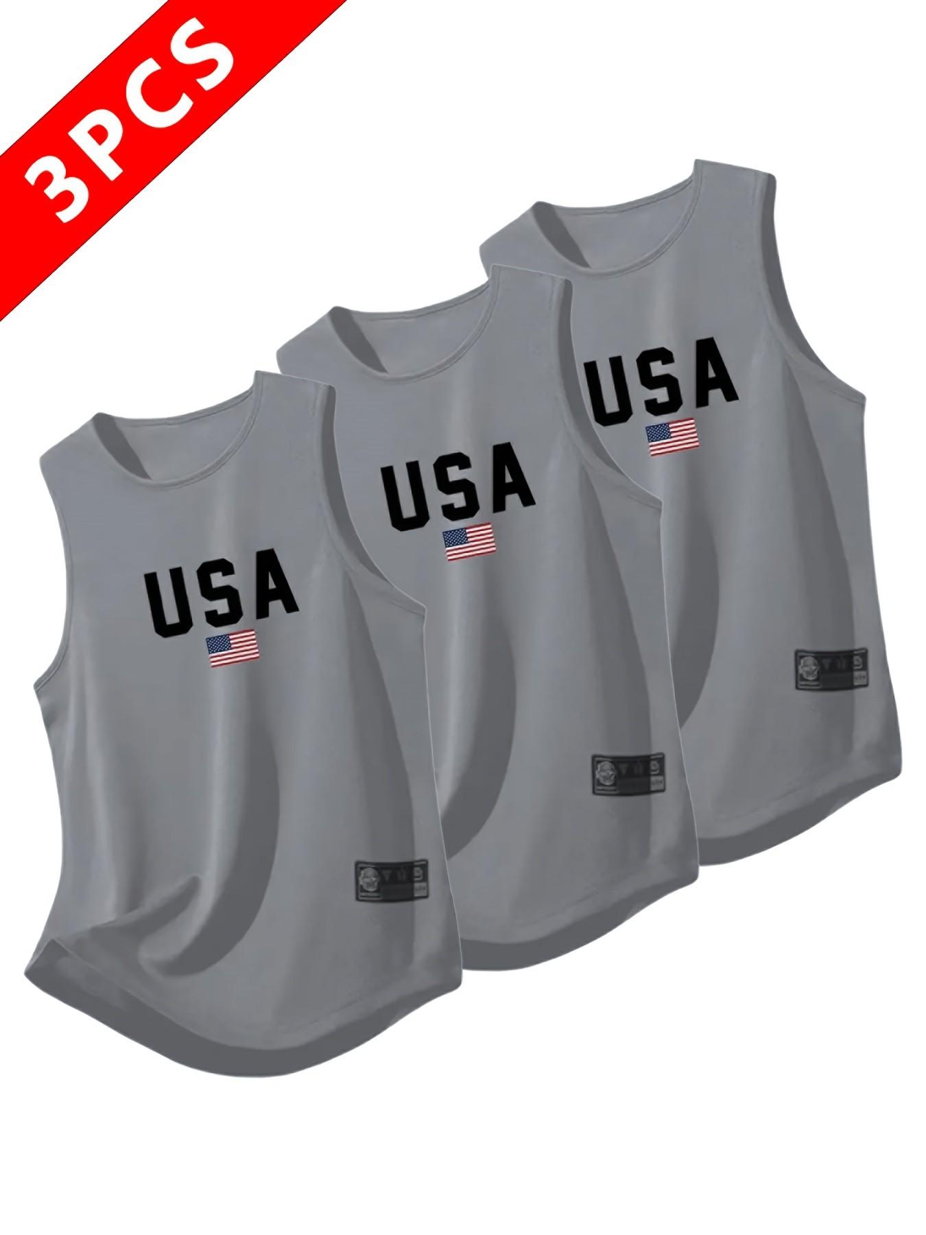 Men's Quick-Dry Moisture-Wicking Breathable Tank Tops, Fitness Workout Vest, Casual Sports Gym Sleeveless Shirts, Running Training, Usa Letter Print, Multiple Colors