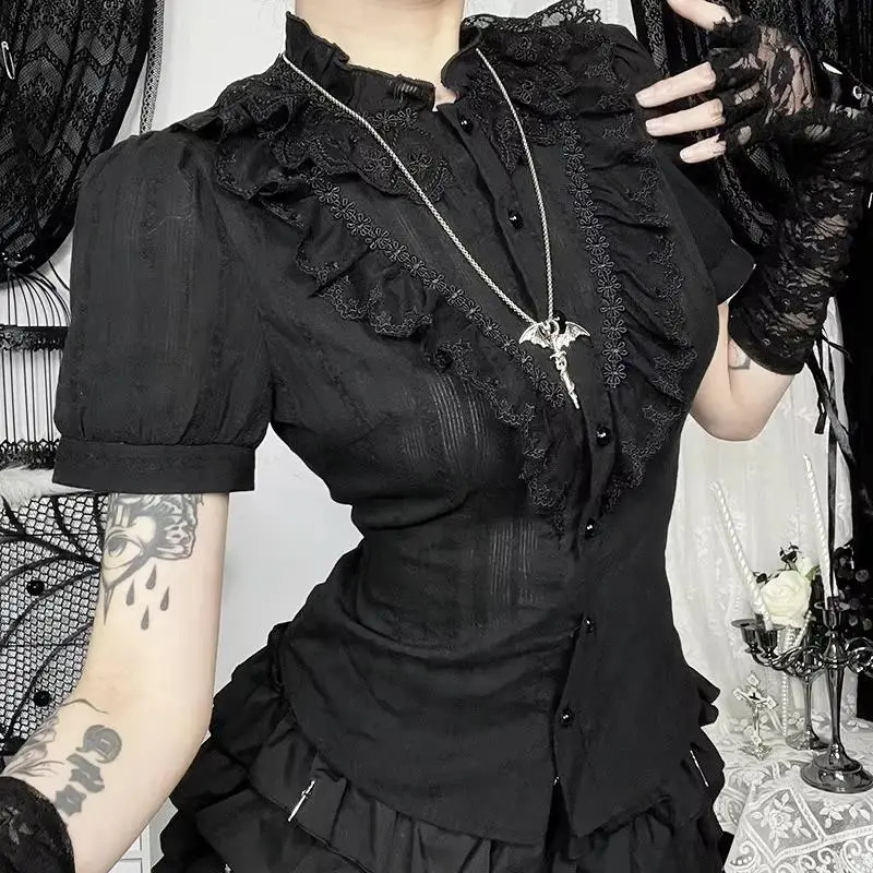 Sweet Lolita Cotton Shirts Women Vintage Gothic Black White Jacquard Short Sleeve Shirt And Blouses Elegant Office Lady Y2k Tops