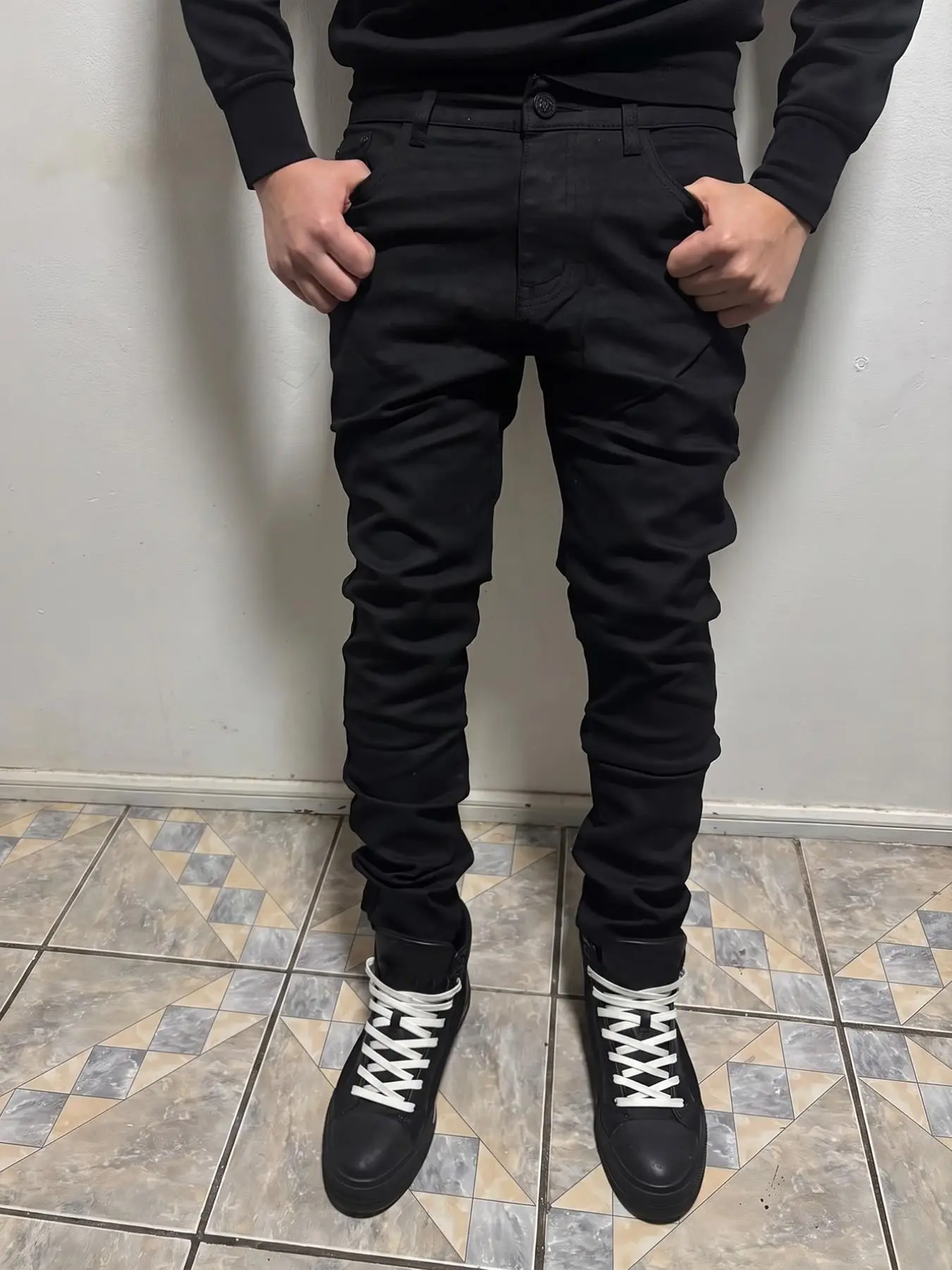 Trendy Pure Stretch Jeans, Slim Fit Men's High Waist Long Pants, Casual Streetwear Denim, All-Season Solid Color Jeans