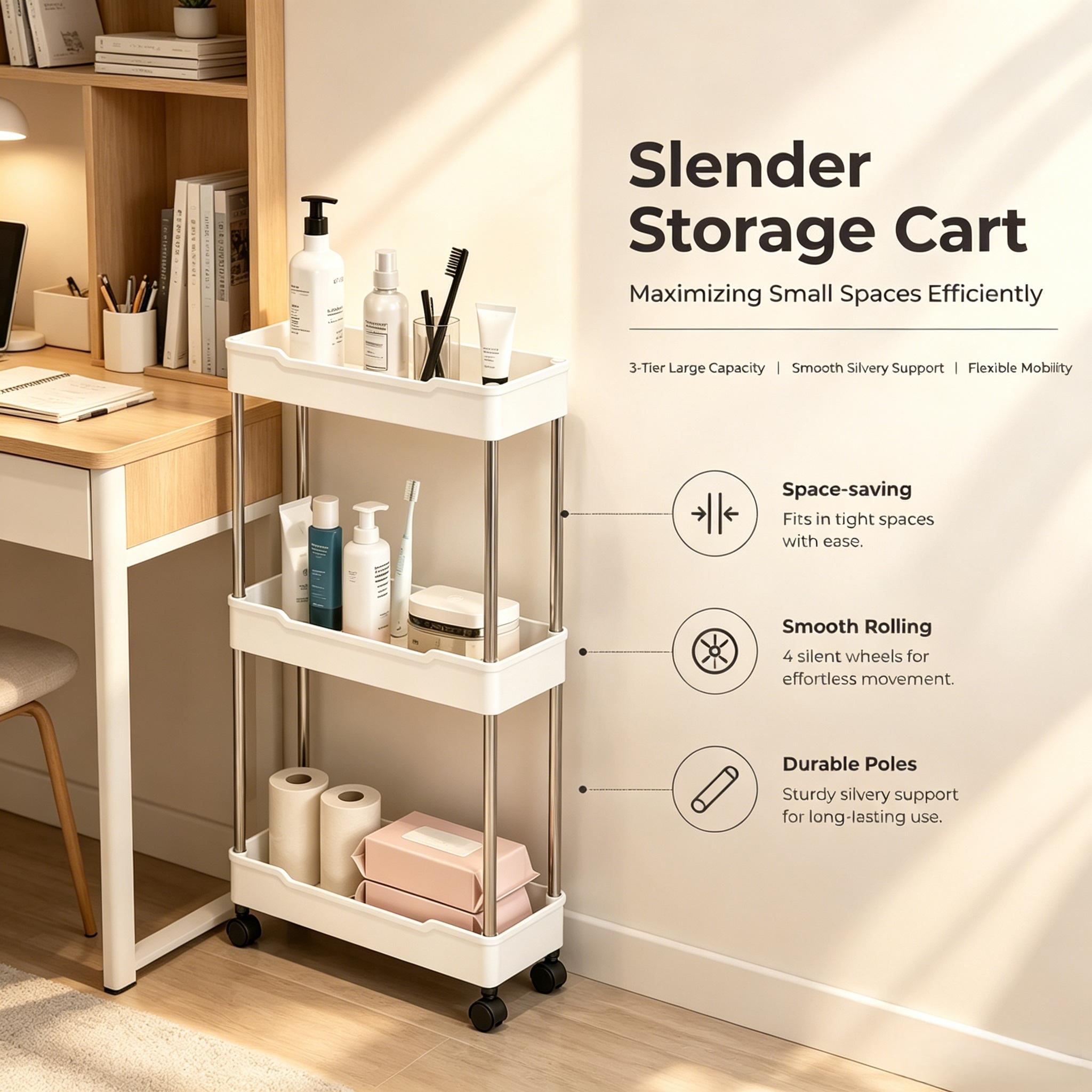 Maximize Tight Space Slim 3-Tier Rolling Storage Cart Smooth Silent Wheels Sturdy Metal Poles Multi Scene Narrow Gap Organizer Bathroom Organizer Rack For Laundry Bathroom Kitchen