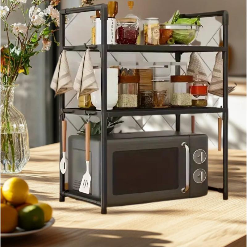 1pc Kitchen microwave rack, oven toaster rack, conditioning rack, rack with hooks, space-saving storage rack, kitchen organizer, wall shelf, stylish storage, easy to assemble