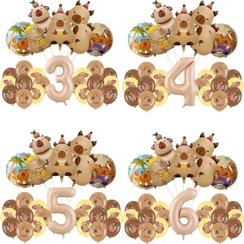 6Pcs Cute Capybara Birthday Balloons Cartoon Aluminium Film Number Balloon Set Birthday Party Decors Supplies Globos For Kids