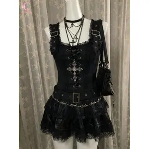 Gothic Lace Patchwork Y2K Subculture Dress Women Dark Academia Jirai Kei Corset Tiered Ruffle Mini Dress Harajuku Streetwear