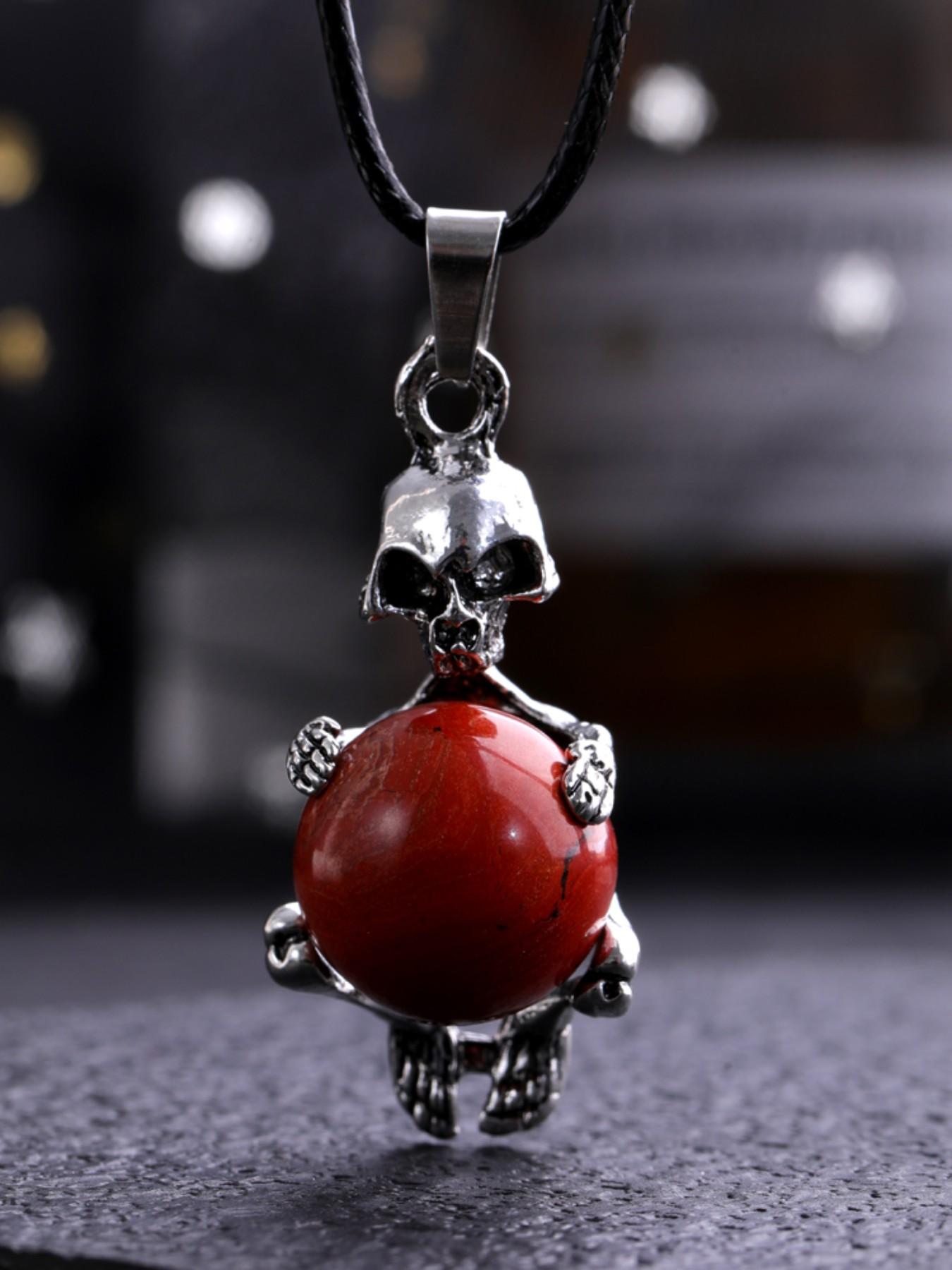 Natural Amethyst Round Bead Pendant Necklace, Bold Skull Design, Unique Fashion Accessory, Trendy European Style Jewelry