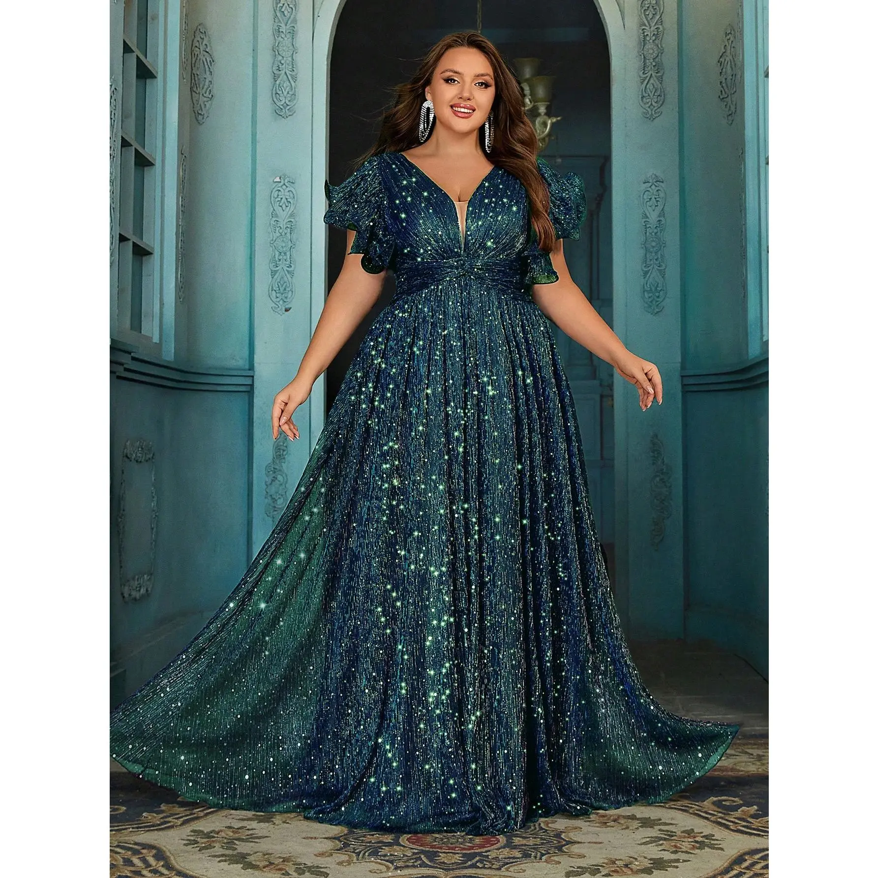 Women's Deep V-Neck Sequin Patchwork Formal Maxi Dress with Ruffled Short Sleeves Green Sparkly Long Prom Party Gown Wedding Guest Dress or Bridesmaid Dress Birthday Wear