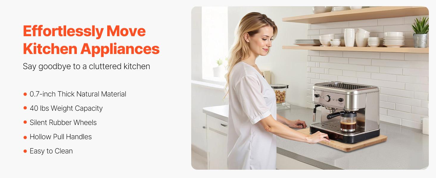 VEVOR Appliance Slider, Small 10.5x 13-inch, Rolling Sliding Tray with Rubber Wheels Hollow Handle, Easy to Clean, Appliance Rolling Tray for Coffee Maker, Kitchen Countertop, Natural Wood