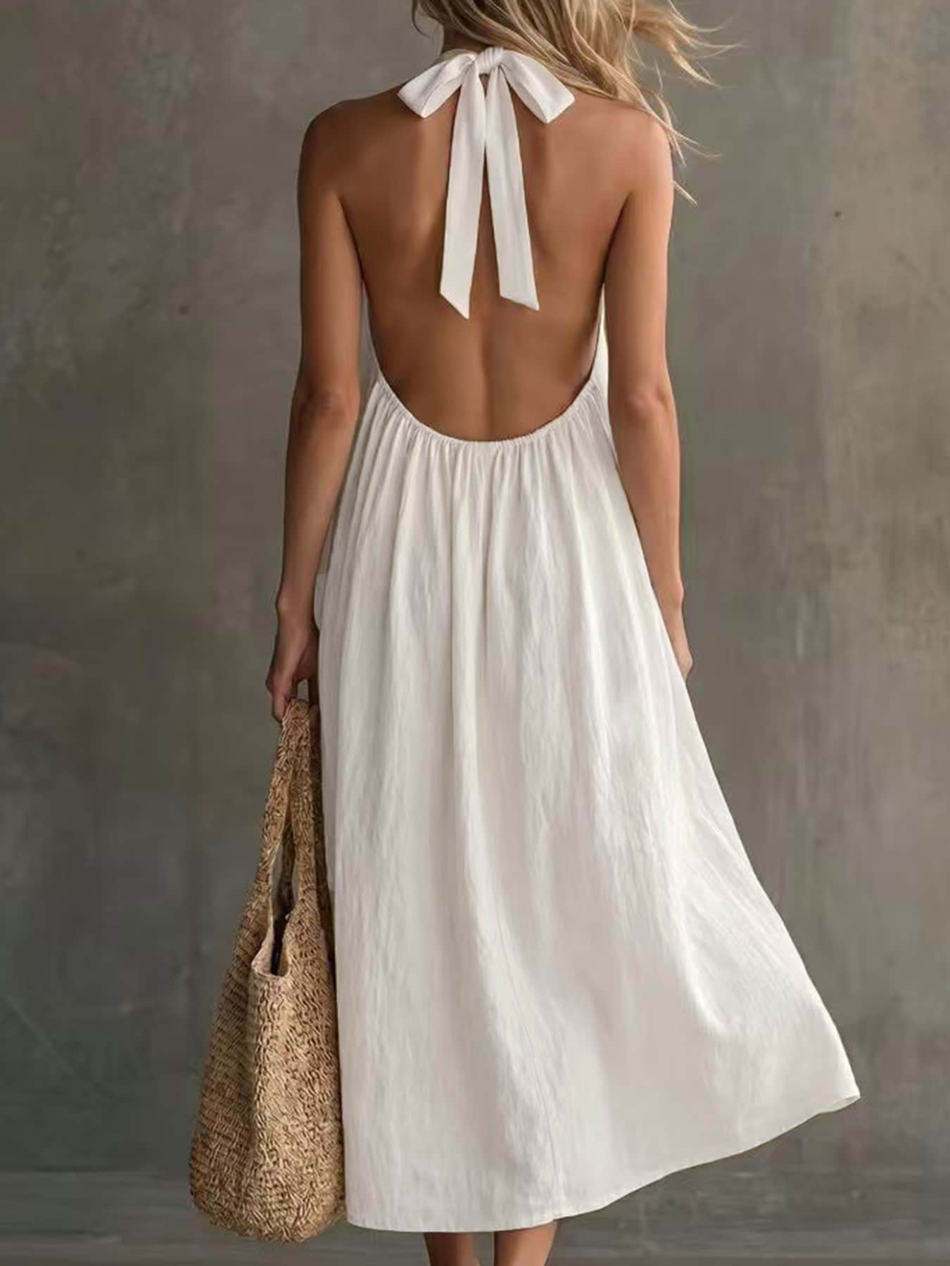 A fashionable women's neck hanging V-neck dress, summer Minimalist Casual loose sleeveless mid length lazy vacation long dress beach party dress suitable for beach vacation, coffee shop relaxation, afternoon tea, daily commuting, light office banquet