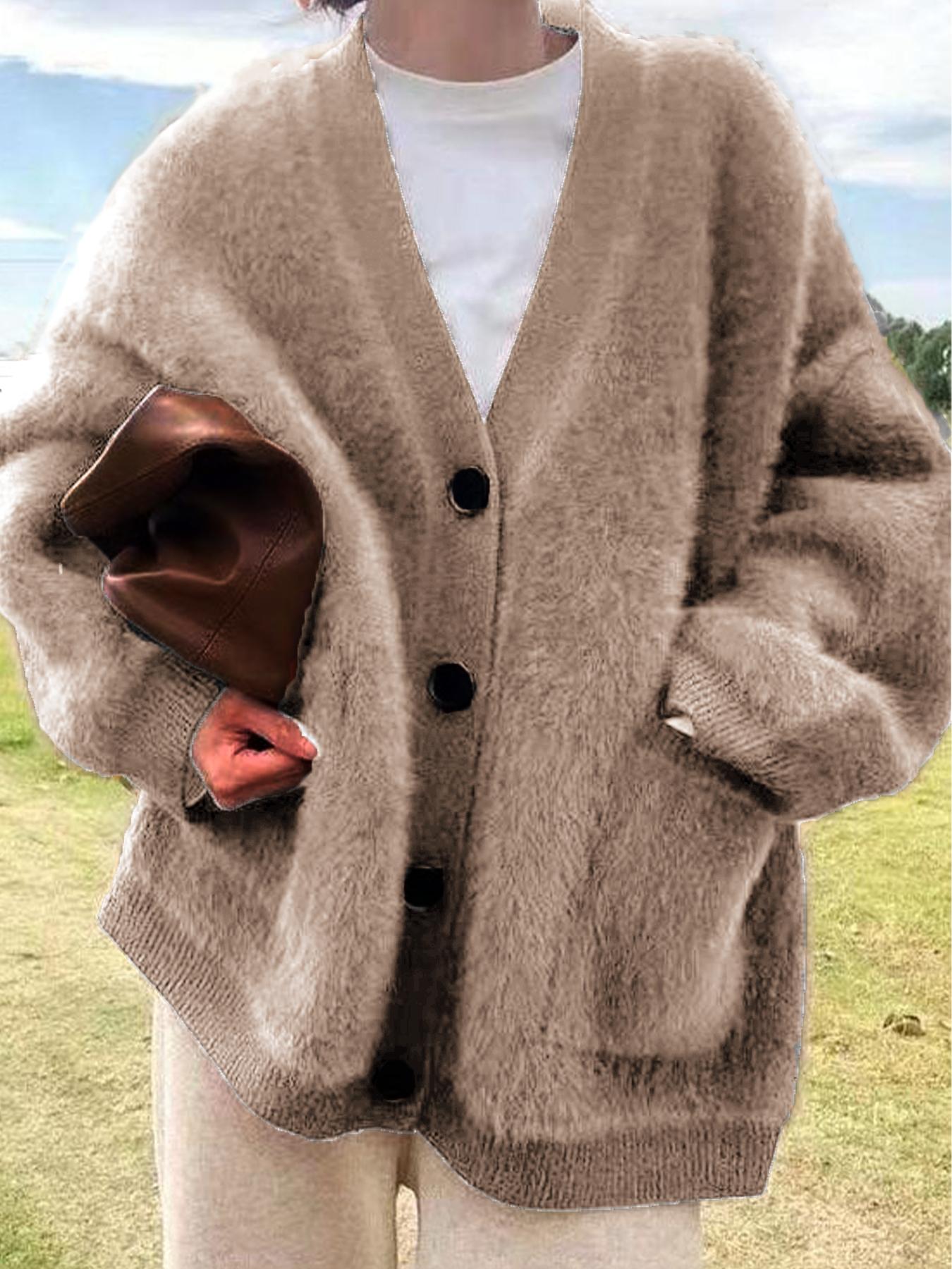 Women's Solid Button Front Pocket Drop Shoulder Fuzzy Sweater Cardigan, Casual Long Sleeve V Neck Cardigan for Daily Wear, Ladies Knitwear for All Seasons