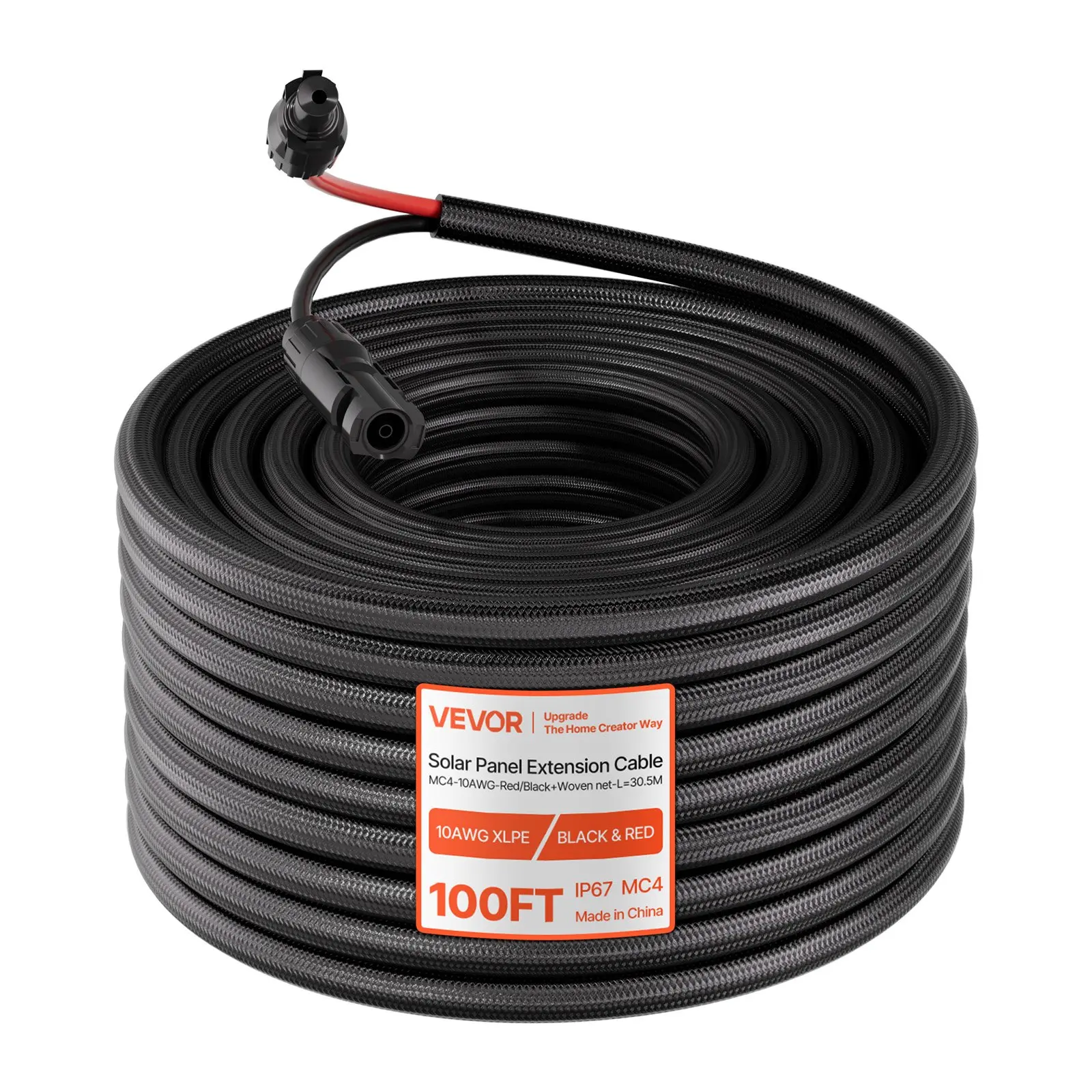 VEVOR 100FT 10 AWG Solar Power Extension Cord, Tinned Copper Wire with Flame Retardant Sleeving, IP67 Waterproof PV Wire, High-Current Female/Male Connectors, for Outdoor RV Use, Black/Red