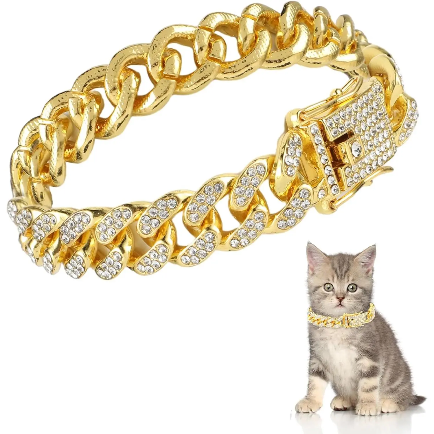 Chain , Glitter Cuban  with Secure Buckle | 12 mm Wide Metal  Necklace   Accessories for Cats Kittens Dogs Puppies 8 inch()