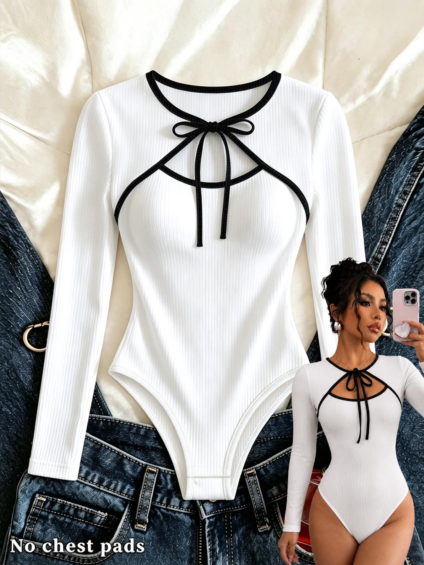 All Season Long Sleeve Bodysuit, Ribbed Knit Garment With Contrast Cutout Neck Tie Bow, Slim Fit For City Shopping Daily Casual Outfits For Young Adult Women