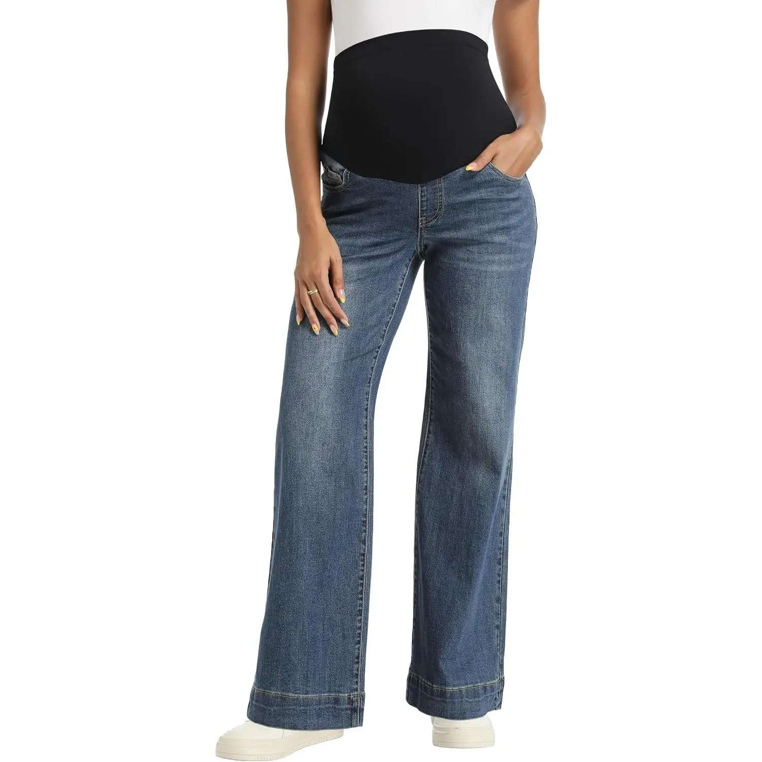 Maternity Jeans Wide Leg Trendy Pregnancy Denim Pants | Soft Stretchy Fabric, Comfy Belly Support, Loose Straight-Leg Fit, Perfect for Work Casual Daily Wear