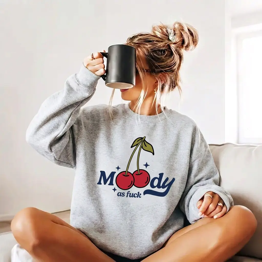 Women's Moody Cherry Graphic Sweatshirt Funny Sassy Quote Crewneck Pullover Y2K Aesthetic Coquette Streetwear Introvert Relatable Humor Top