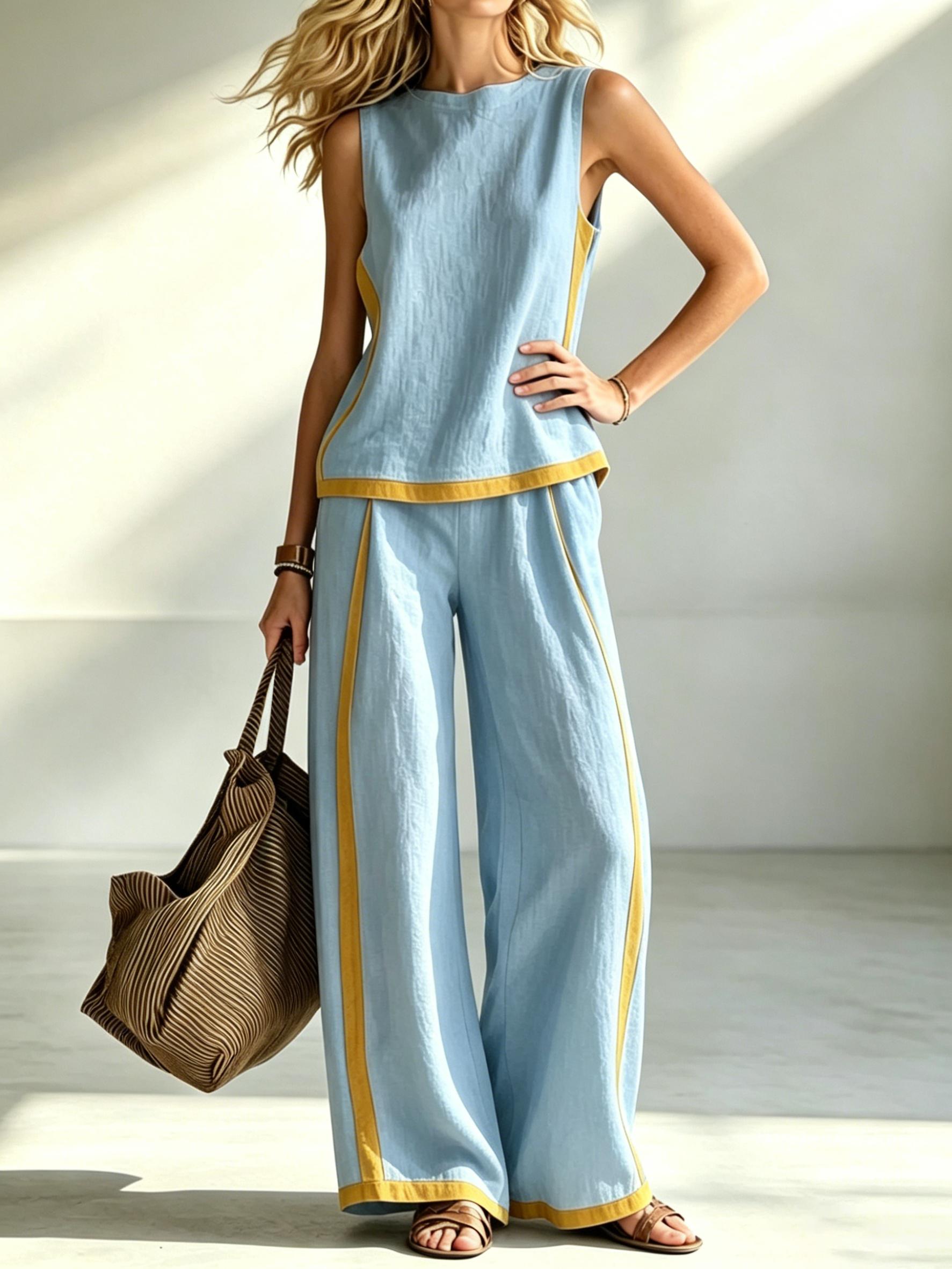 D4485 Boho Patchwork Tank Top and Pants Set, Sleeveless Summer Top, Flowy Wide Leg Pants, Comfortable High Waist Casual Vacation Style