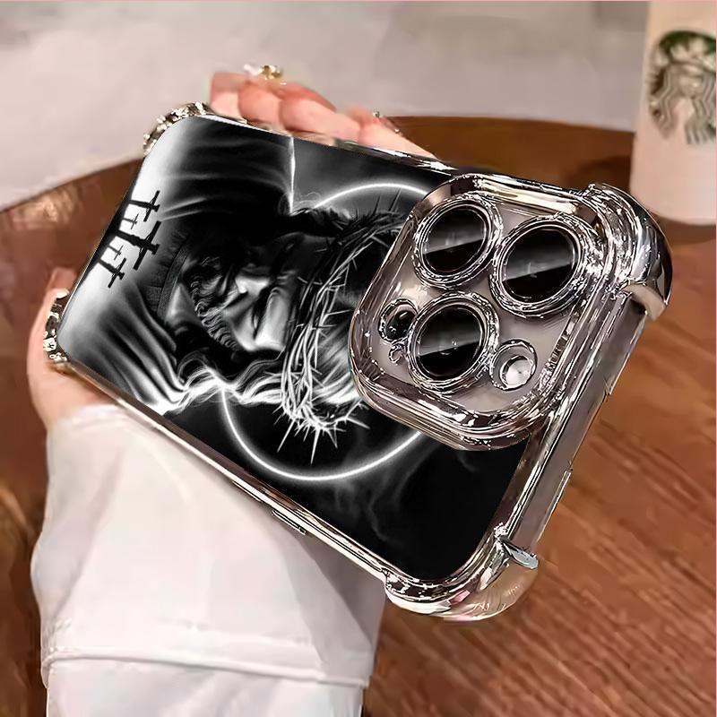Jesus Clear Protective Four Comers Air Cushion Anti-drop CellPhone Case Clear BracketPhone Case for iPhone 16 15 14 13 12 Pro Max 15 14 Plus Four Corners Cases #IPYS7