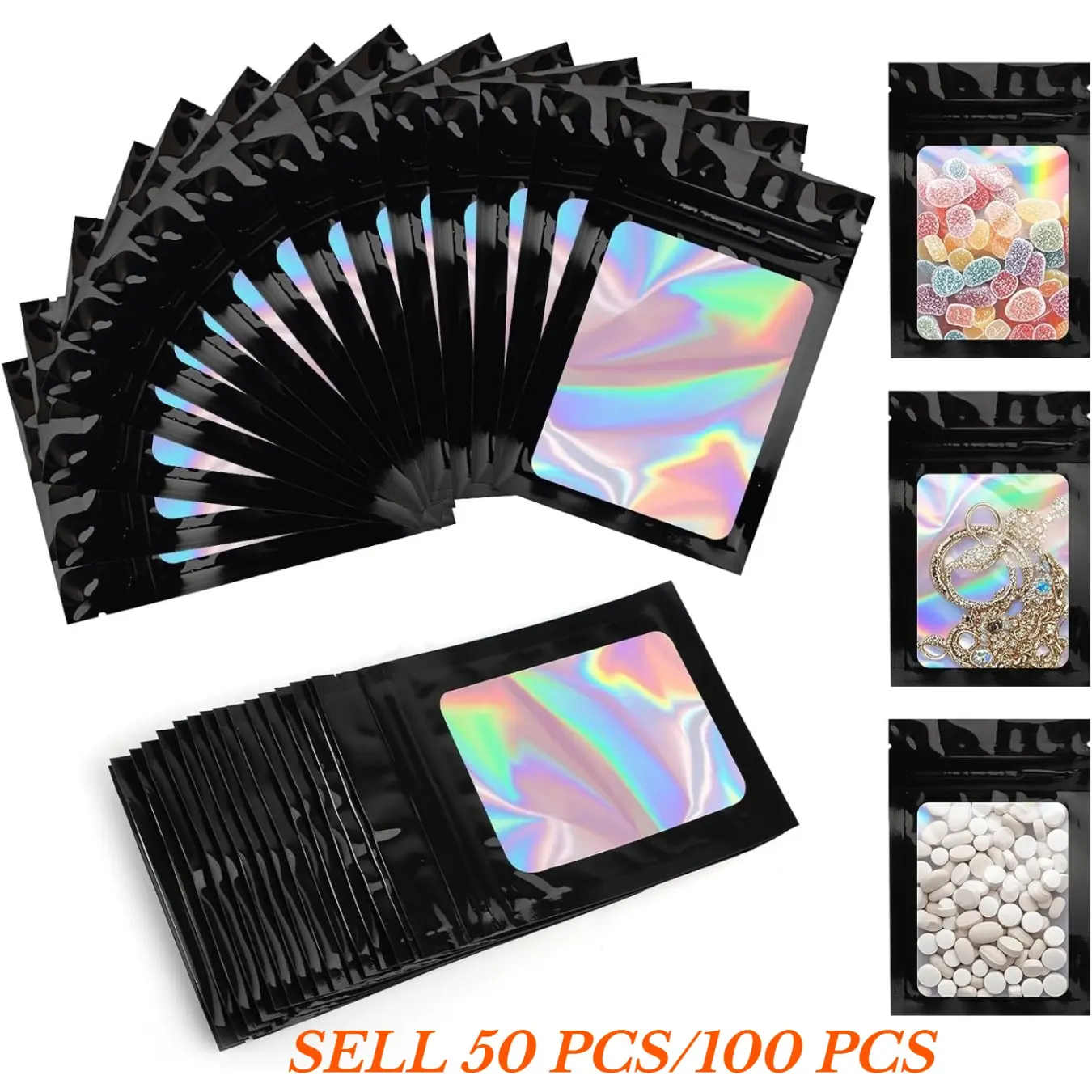 50 or 100 Black Polyester Film Holographic Bags Resealable Sealable — Small Ziplock Bags for Food Candy Jewelry Party Gifts Black,Christmas gift wrapping,Creative Gift Packaging