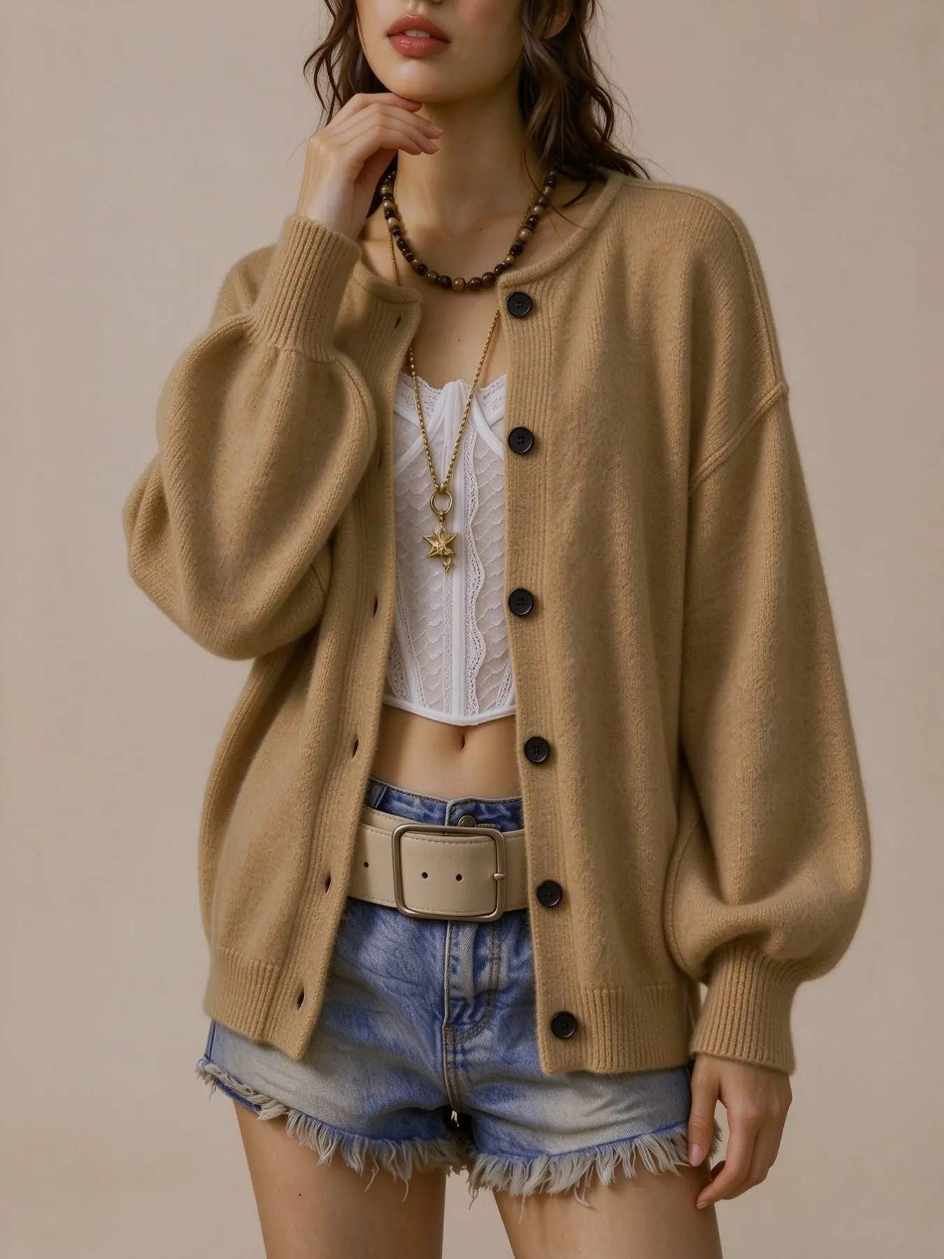 Women's Crew Neck Knit Cardigan, Relaxed Cardigan, Oversized Cozy Long Sleeve Button Sweater, Casual Fall Daily Outfits