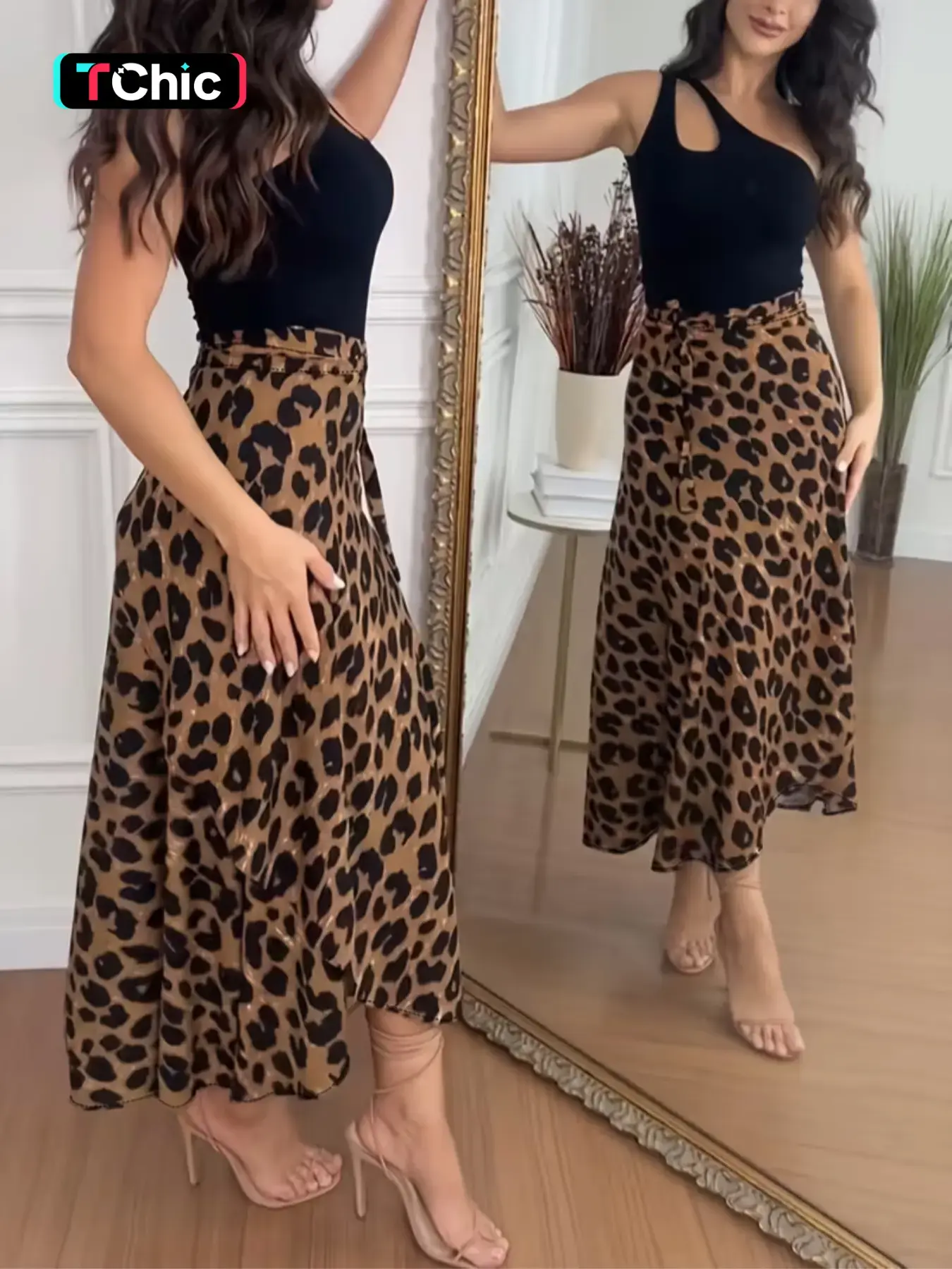 Women's Casual Leopard-Print Wrap Dress, Cross-Band Design, Stylish Clothing for Vacation and Daily Wear, Womenswear for Everyday Wear, Belted Wrap Style