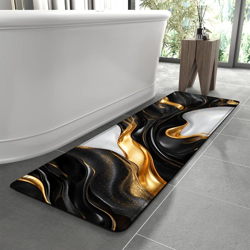 1PC， Black Gold White Fluid Texture Patterned strip rugs, home décor, bathroom mats, entryway mats, bathroom non-slip mats, indoor entrance rugs, bedroom bedside mats, kitchen mats, hallway rugs, flannel sponge rugs, hallway runner rugs