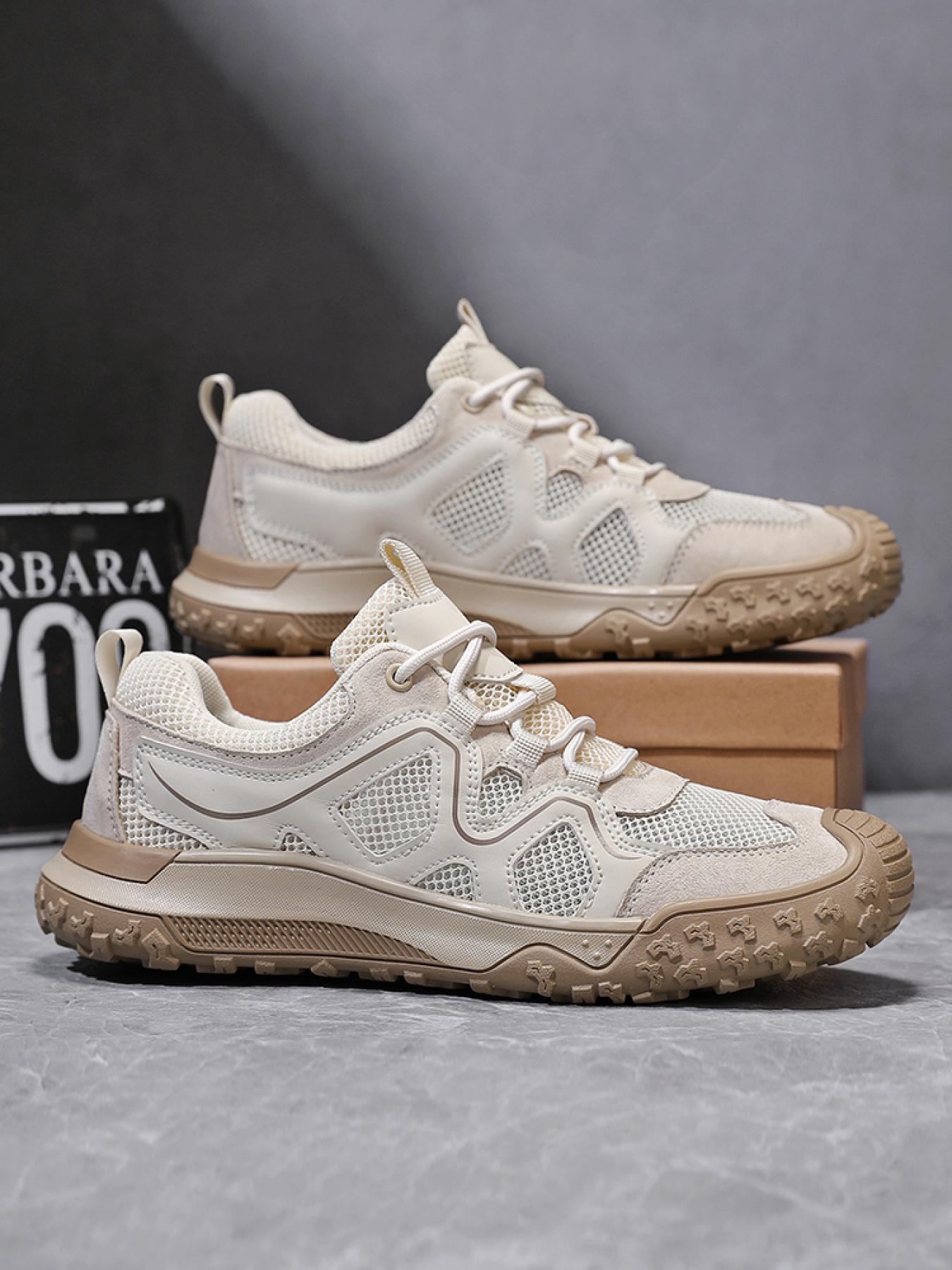 Men's Solid Color Mesh Breathable Outdoor Hiking Shoes Drawstring Toe Cap Trekking Shoes Non-Slip Wear-Resistant Casual Sneakers