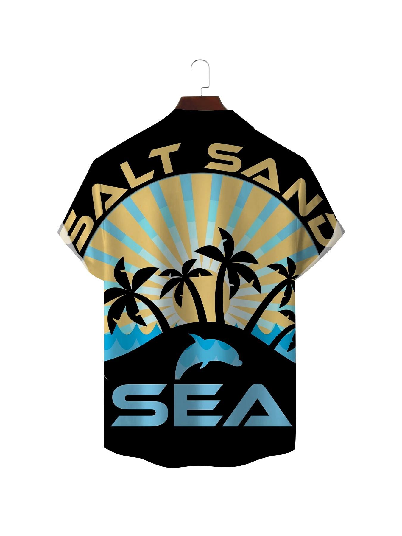 Men's Loose-Fit Casual Shirt, Colorblock Coconut Tree Silhouette, Short Sleeve Button-Down Top, Trendy Summer Wear