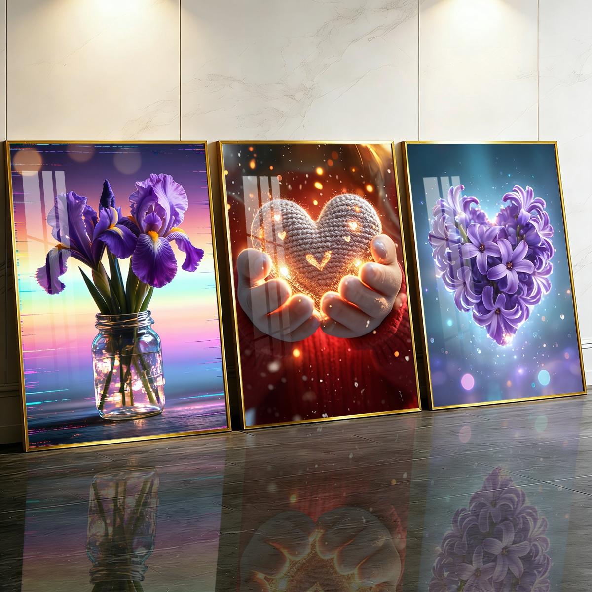 3 Counts Aluminum Alloy Framed Painting, Purple Irises And Glowing Heart Flower Art Pictures, Home Decoration For Living Room, Bedroom, Office, Restaurant, Hallway Wall Decor, Odorless Print Artwork, Luxury Perfect Gift For Friends And Family