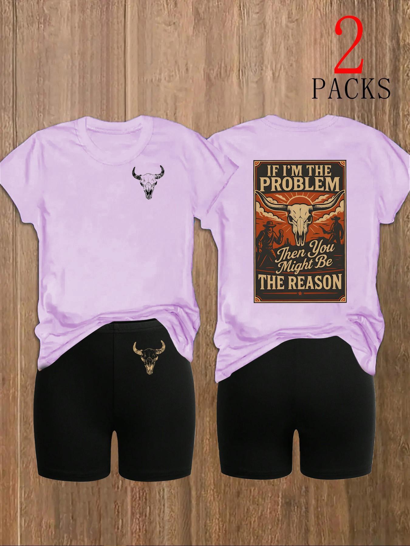 Women's 2-Pack Western Bull Print Short Sleeve T-Shirt & Camo Shorts Set, Soft Casual Fabric, Daily Streetwear Loungewear, Black Beige Pink White Purple Red Multi-Color Options