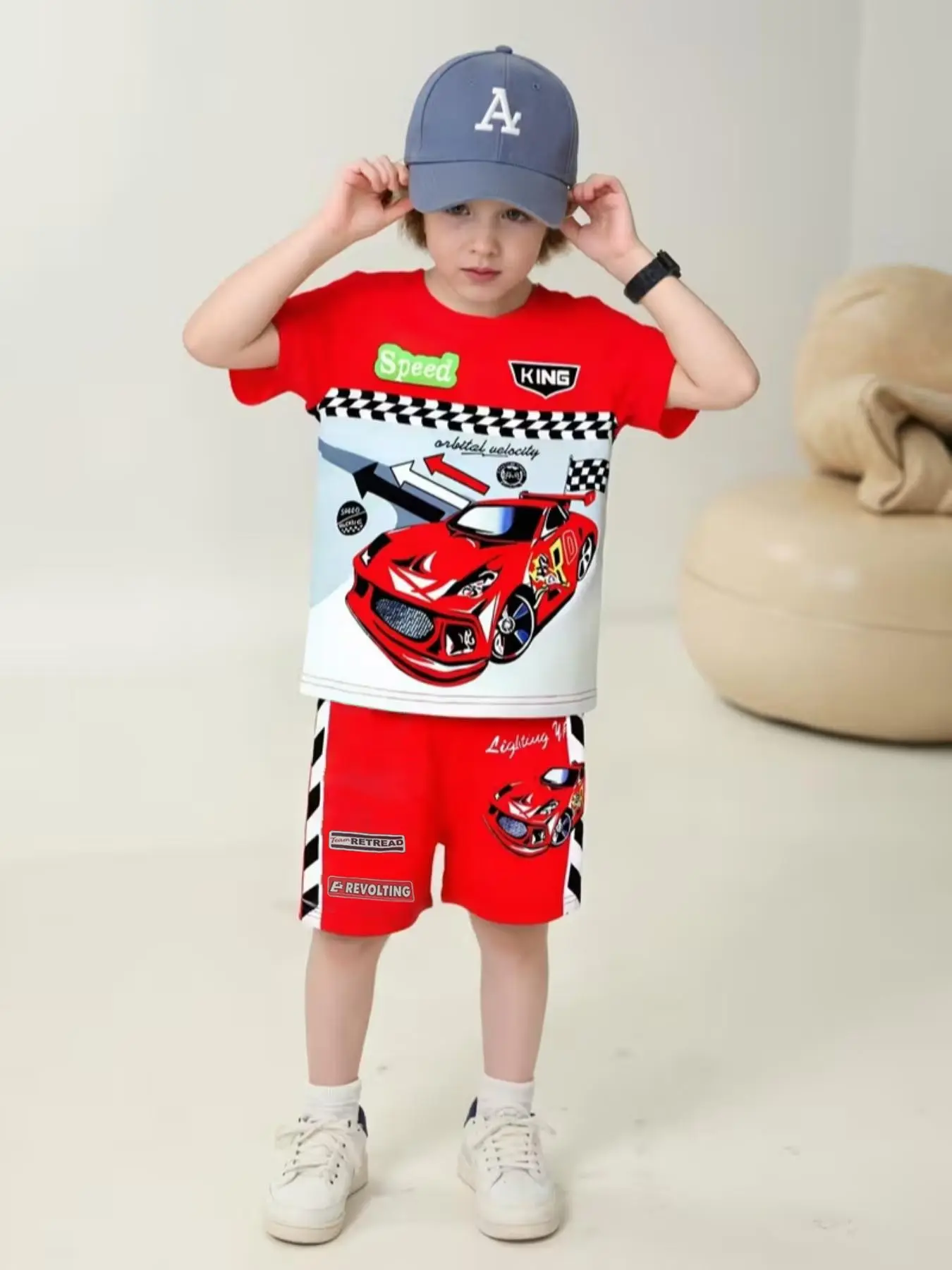 Round Neck Short Sleeve Fitted Shorts Set, Digital Print Racing Car Letters Slogan Geometric Pattern, Casual Athletic Sporty Summer Sports Leisure Wear Clothes, Graphic Print Set