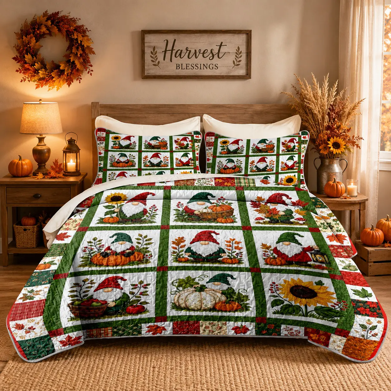 [Back to School] 3-Piece Autumn Gnome Pumpkin & Sunflower Quilt Set, Farmhouse Patchwork Bedspread with 2 Pillow Shams, Soft Lightweight Wrinkle-Resistant Breathable Fade-Resistant All-Season Bedding for Queen/King Beds, Thanksgiving Bedroom Decor